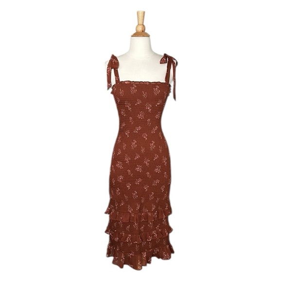 ABERCROMBIE & FITCH Smocked Tiered Ruffle MIDI Dress Brown Floral Y2K, Small - Picture 14 of 14